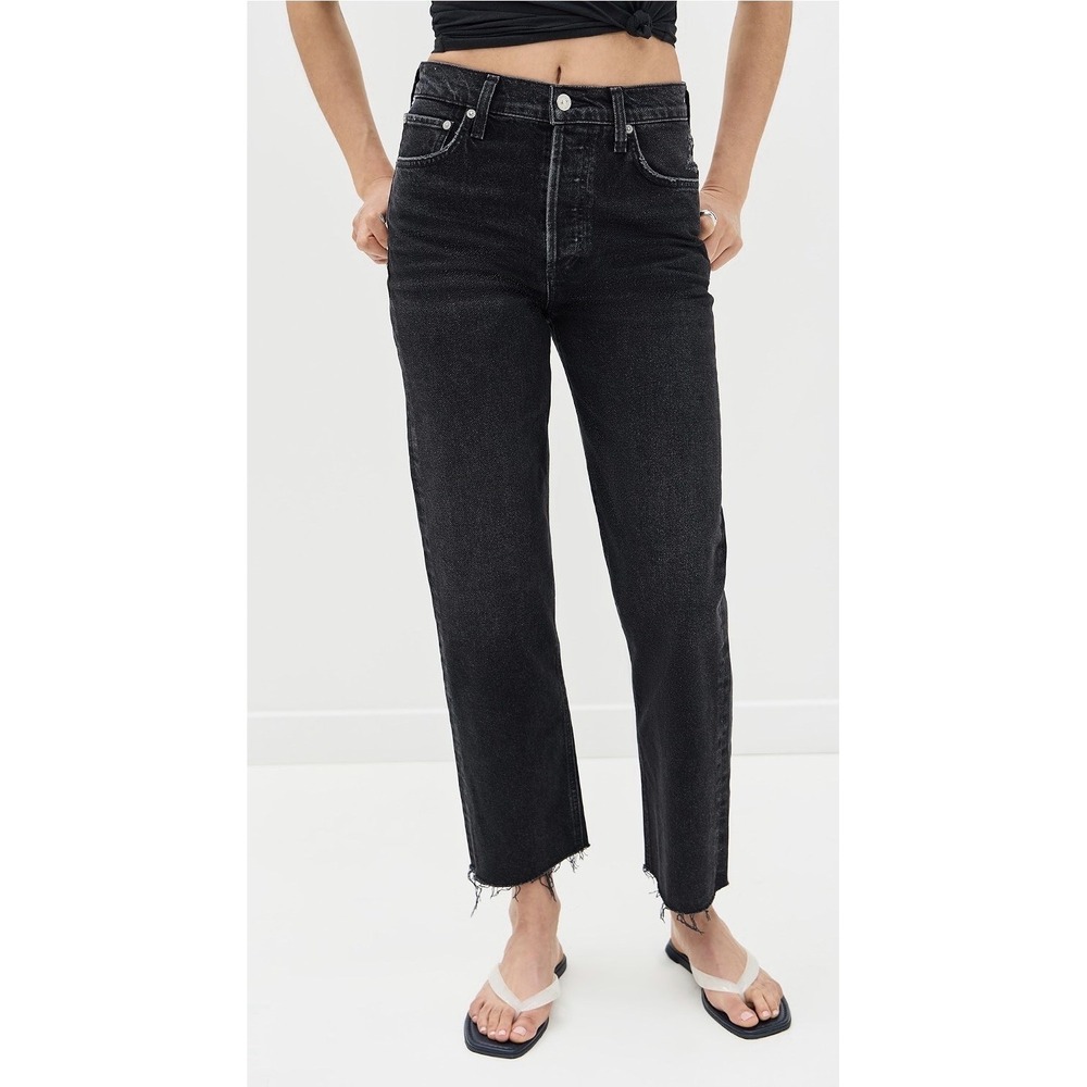 Citizens of Humanity Florence Wide Straight Washed‎ Black Jean Raw Hem Sz 26